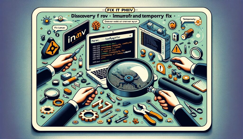 Visual representation of troubleshooting a bug in ImunifyAV involving CLAMAV, with server logs and proactive repair symbols.