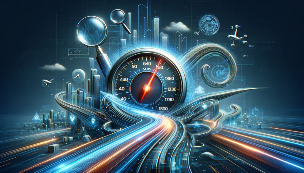 Futuristic digital landscape with a speedometer and SEO icons depicting website speed and optimization.