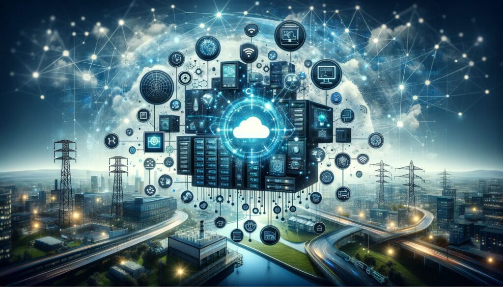 Image depicting edge computing's role in data processing for IoT, with elements of distributed computing, 5G, and IoT