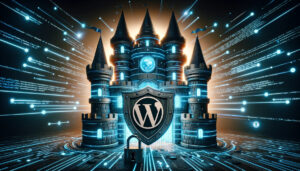 Digital castle symbolizing a secure WordPress website, with shields bearing the WordPress logo, and advanced cybersecurity measures.
