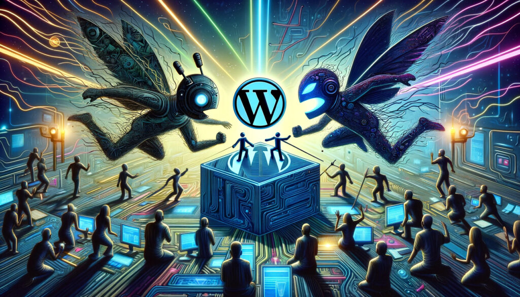Futuristic clash between Yoast and Elementor with the WordPress logo in the middle and robotic user figures around.