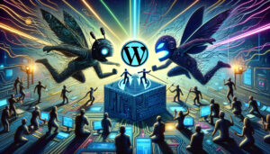 Futuristic clash between Yoast and Elementor with the WordPress logo in the middle and robotic user figures around.