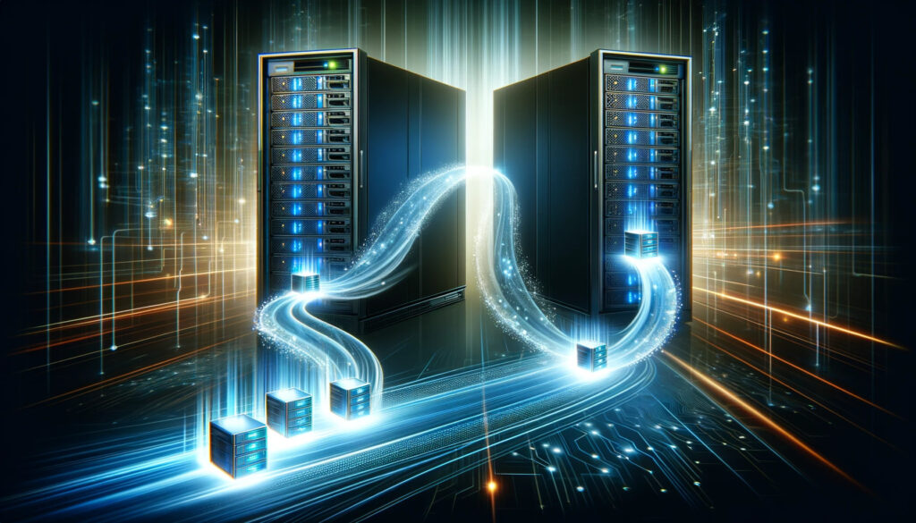 Two servers with a visual representation of VMs transferring between them via the Rsync protocol, showcasing efficiency.