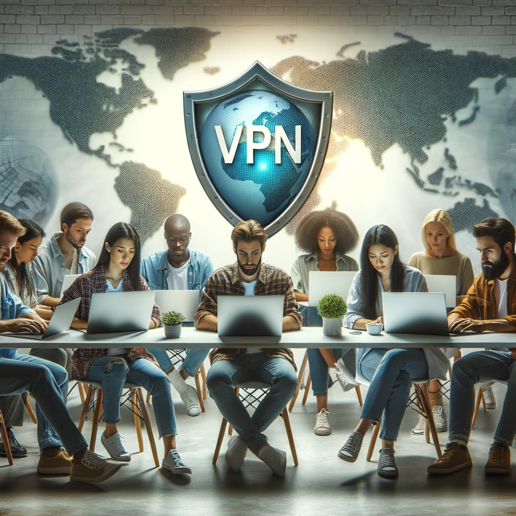image showing a freelancer working on a laptop with a map in the background, symbolizing the maintenance of their real location while a shield icon with 'VPN' represents security