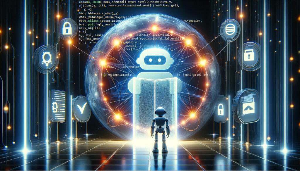 Illustration of a robot halted by a virtual barrier depicting .htaccess and Nginx configurations in a server network.