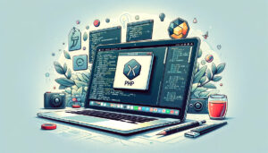 MacBook with terminal showing PHP 8.3 installation, surrounded by Homebrew icons and PHP logos.