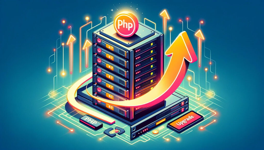 Illustration of PHP 8.3 upgrade on an Ubuntu server, featuring logos, a server rack, and transformation symbols.