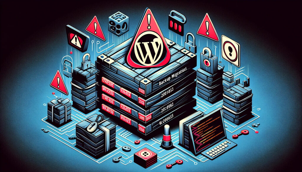 Artwork showing a critical security alert for CVE-2023-6553 in WordPress 'Backup Migration' plugin, with danger symbols.