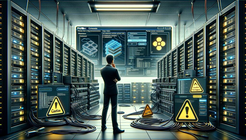 Image showing a server room with Proxmox interfaces, emphasizing careful updates in virtualization environments.