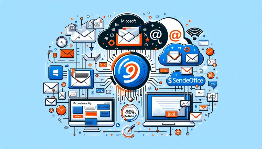 Illustration of solutions for email delivery issues to Outlook and Hotmail, with Microsoft SNDS, Sender Office, and email symbols.