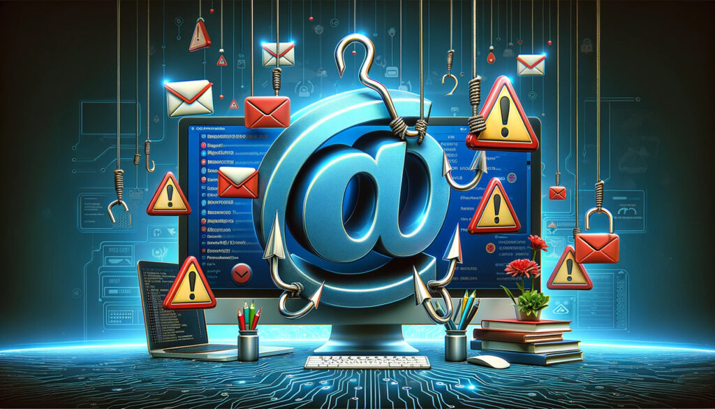 Image depicting a phishing attack on cPanel/Roundcube users with email icons, phishing hooks, and warning signs.