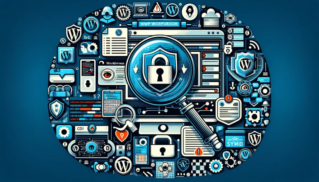 Visual representation of securing a WordPress site from CVE-2023-6559, featuring cybersecurity and vigilance elements.