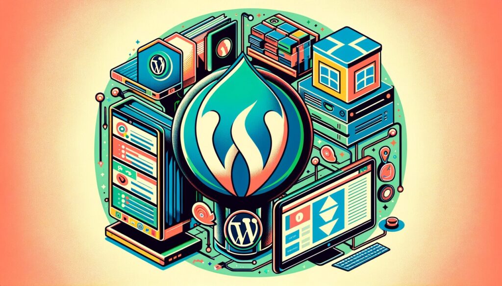 Image depicting the setup of a WordPress site on the Tor network, integrating elements of Tor, WordPress, and Windows Server.