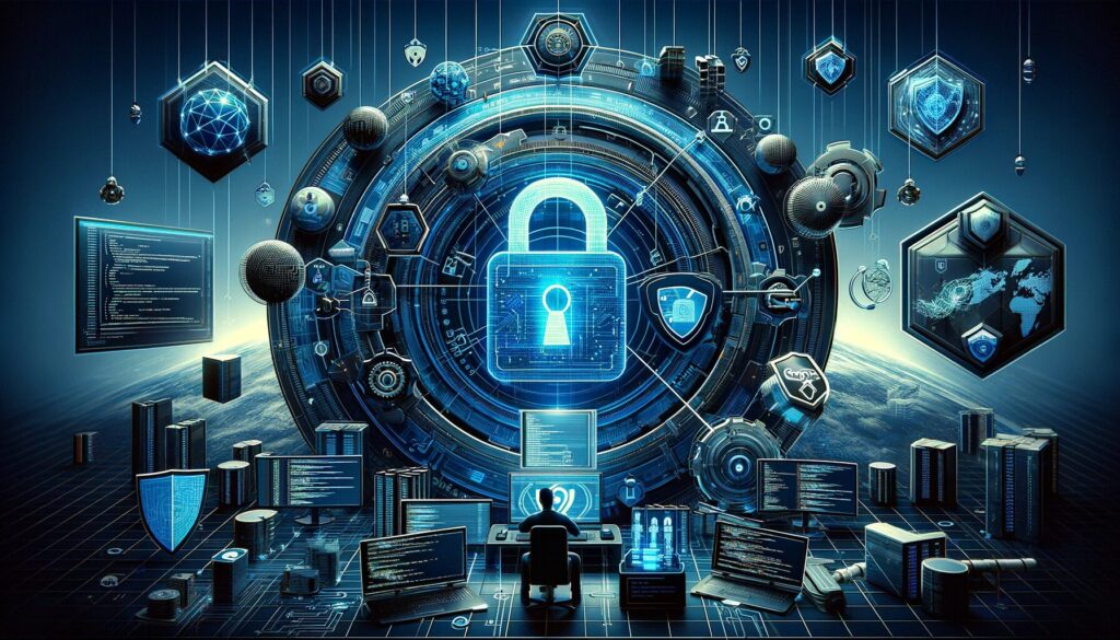 Cybersecurity in 2024 web development, showcasing advanced encryption, AI security tools, and secure coding.