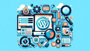 Graphic showcasing the Divi theme and plugin for WordPress, with elements of installation, troubleshooting, and error log analysis.