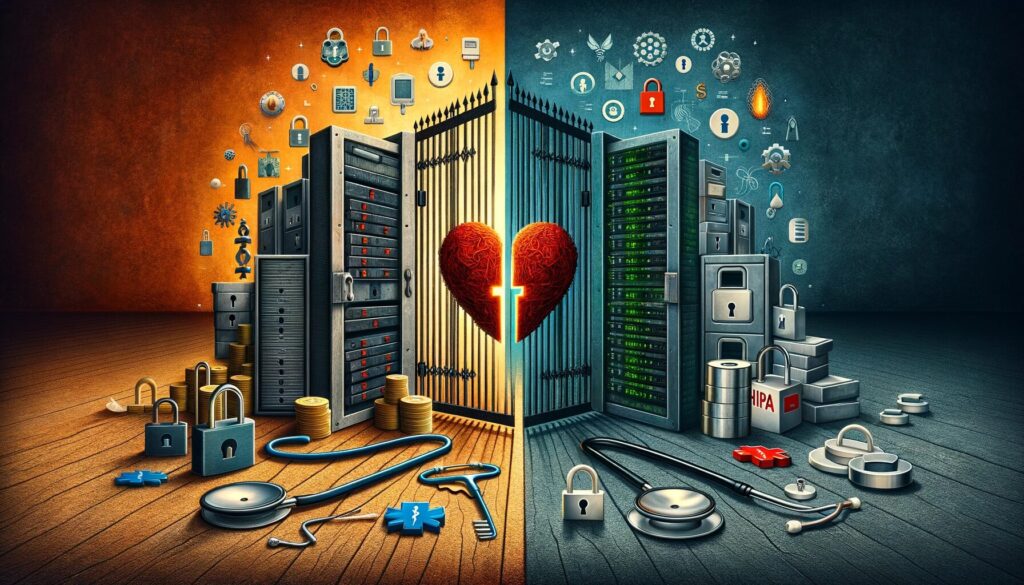 Contrast between outdated practices and modern security measures in HIPAA compliant web hosting for healthcare data.