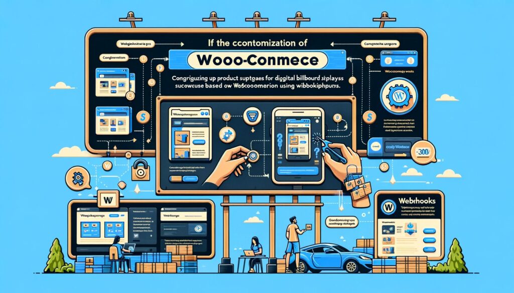 Graphic illustrating the customization of WooCommerce for digital billboard displays using webhooks.