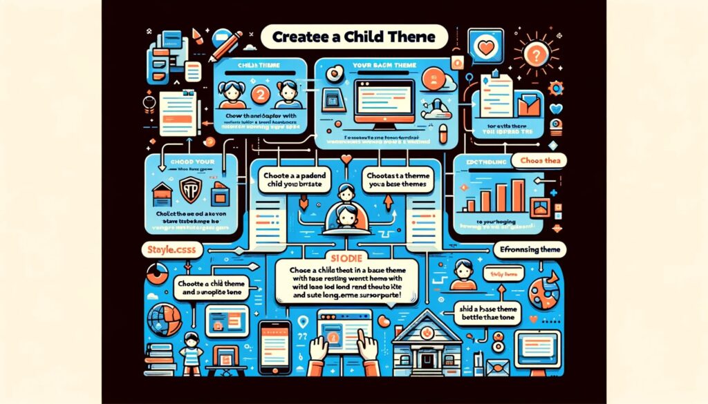 raphic illustrating the process of creating a WordPress child theme, emphasizing the selection of a base theme with long-term support.
