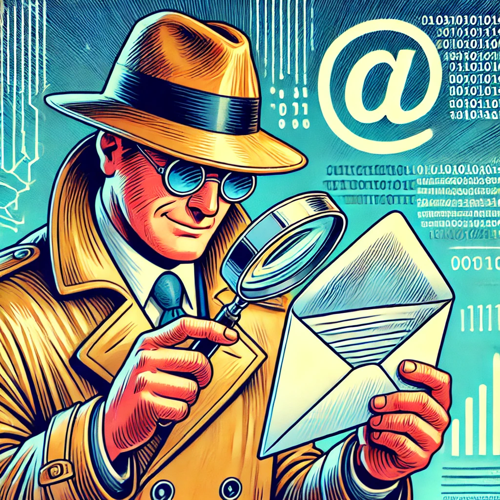 Cartoon illustration of a detective inspecting an email envelope with a magnifying glass, symbolizing email security and authentication.