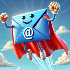 Illustration of a smiling email envelope wearing a red superhero cape, flying through a blue sky with clouds, symbolizing strong email deliverability.