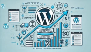 WordPress logo surrounded by icons representing donations, growth, and community support.