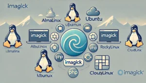 Imagick logo with AlmaLinux, Ubuntu, RockyLinux, and CloudLinux logos, symbolizing compatibility and installation.