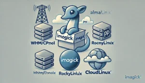 Imagick logo with WHM/cPanel, AlmaLinux, RockyLinux, and CloudLinux logos, symbolizing compatibility and installation.