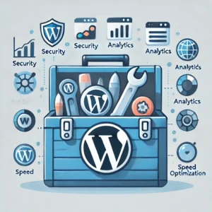 Illustration of a toolbox with the WordPress logo, symbolizing essential plugins for new websites.