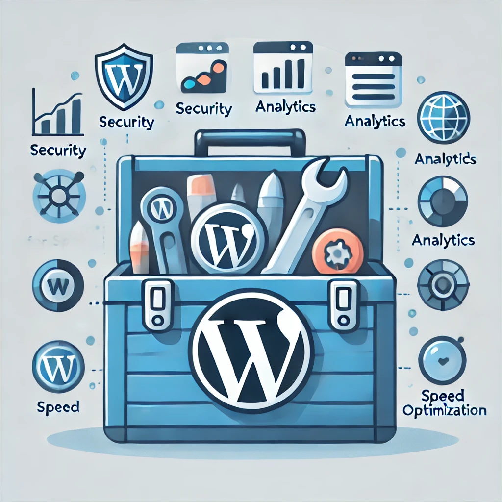 Illustration of a toolbox with the WordPress logo, symbolizing essential plugins for new websites.
