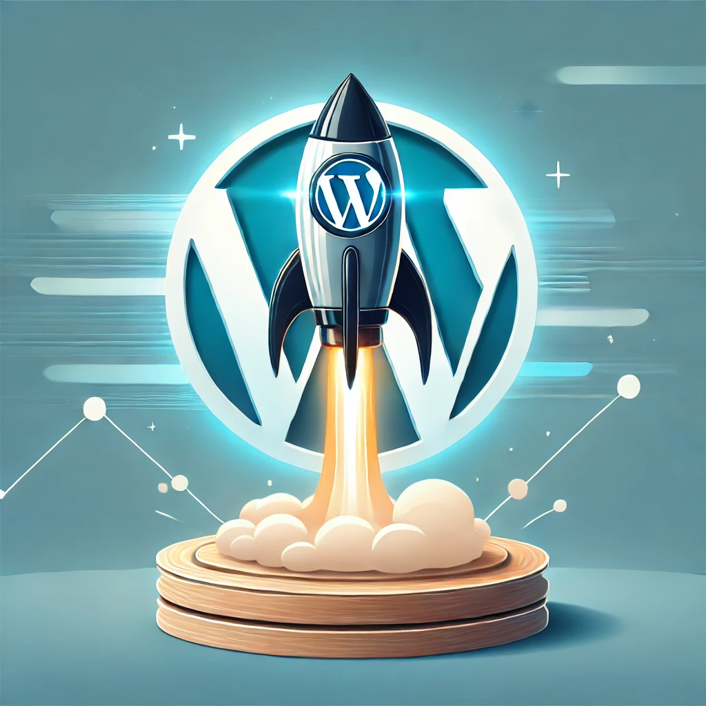 Illustration of a rocket launching from a WordPress logo, symbolizing speed and optimization.