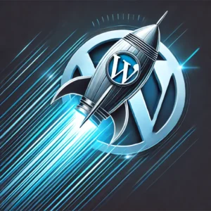 Illustration of a rocket launching from a WordPress logo, symbolizing website speed and performance.