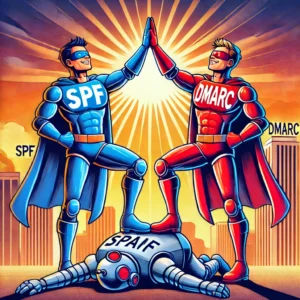 Illustration of two superheroes labeled SPF and DMARC high-fiving over a defeated spam robot, symbolizing combined strength against email threats.