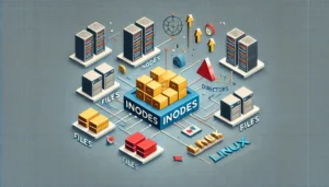 Diagram showing the relationship between inodes, files, and directories in a Linux filesystem.