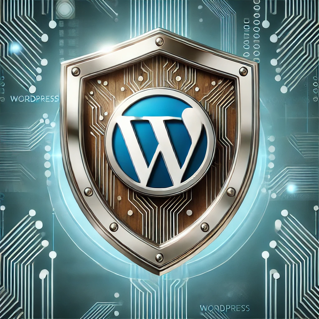 Illustration of a shield with the WordPress logo, symbolizing robust website security.