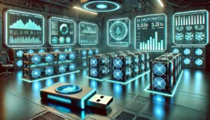 A futuristic high-tech crypto mining control room with glowing screens displaying mining statistics. Multiple rigs are actively mining, with a USB drive in the foreground symbolizing Magic Mining Distro’s plug-and-play capability.